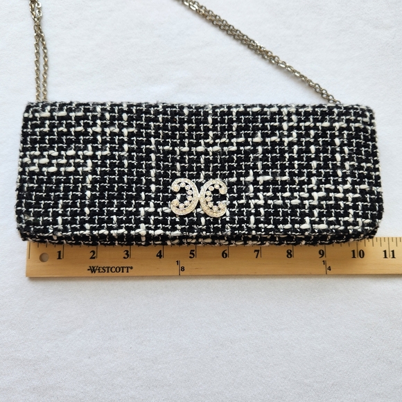 Cache Tweed Shoulder Bag Clutch Black White Silver Chain Sparkle Chic Elegant - Picture 13 of 16
